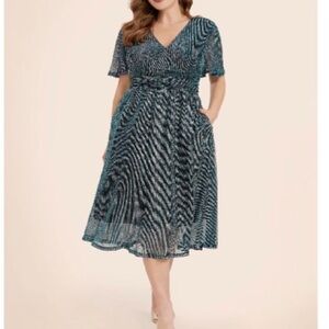 BloomChic Teal and Black Metallic Midi Dress